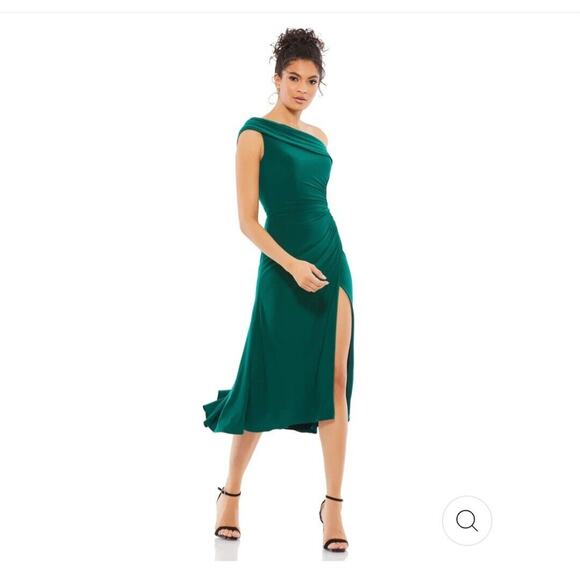 Mac Duggal 26484 Ruched Off The Shoulder Midi Dress Size 2 Emerald Green - Picture 1 of 13